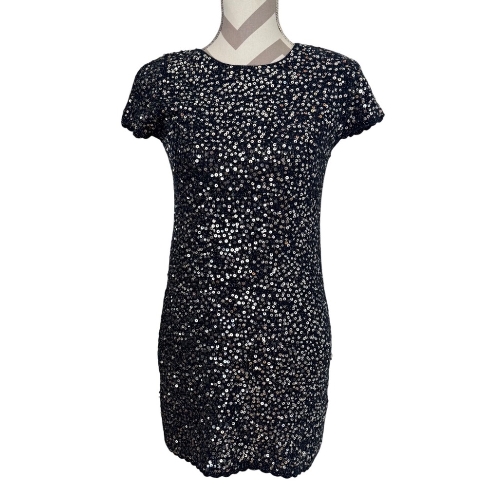 Manoush Womens Sequin Dress Party Cocktail size small Black Silver Short Sleeves